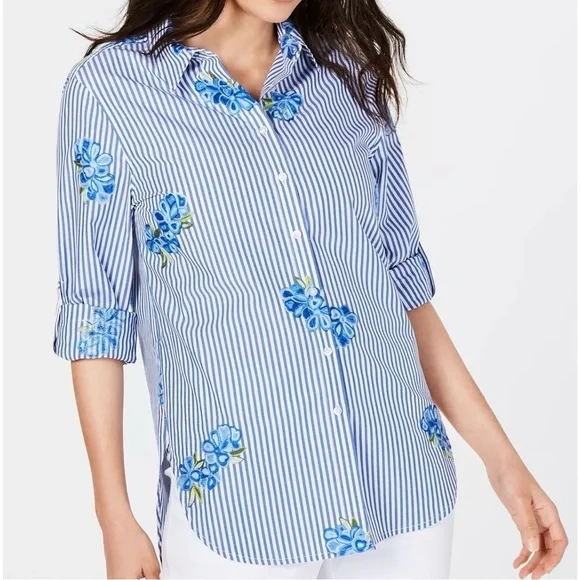 Calvin Klein Floral Embroidered Striped Long Sleeve Button Down Shirt Size Small - Picture 15 of 15